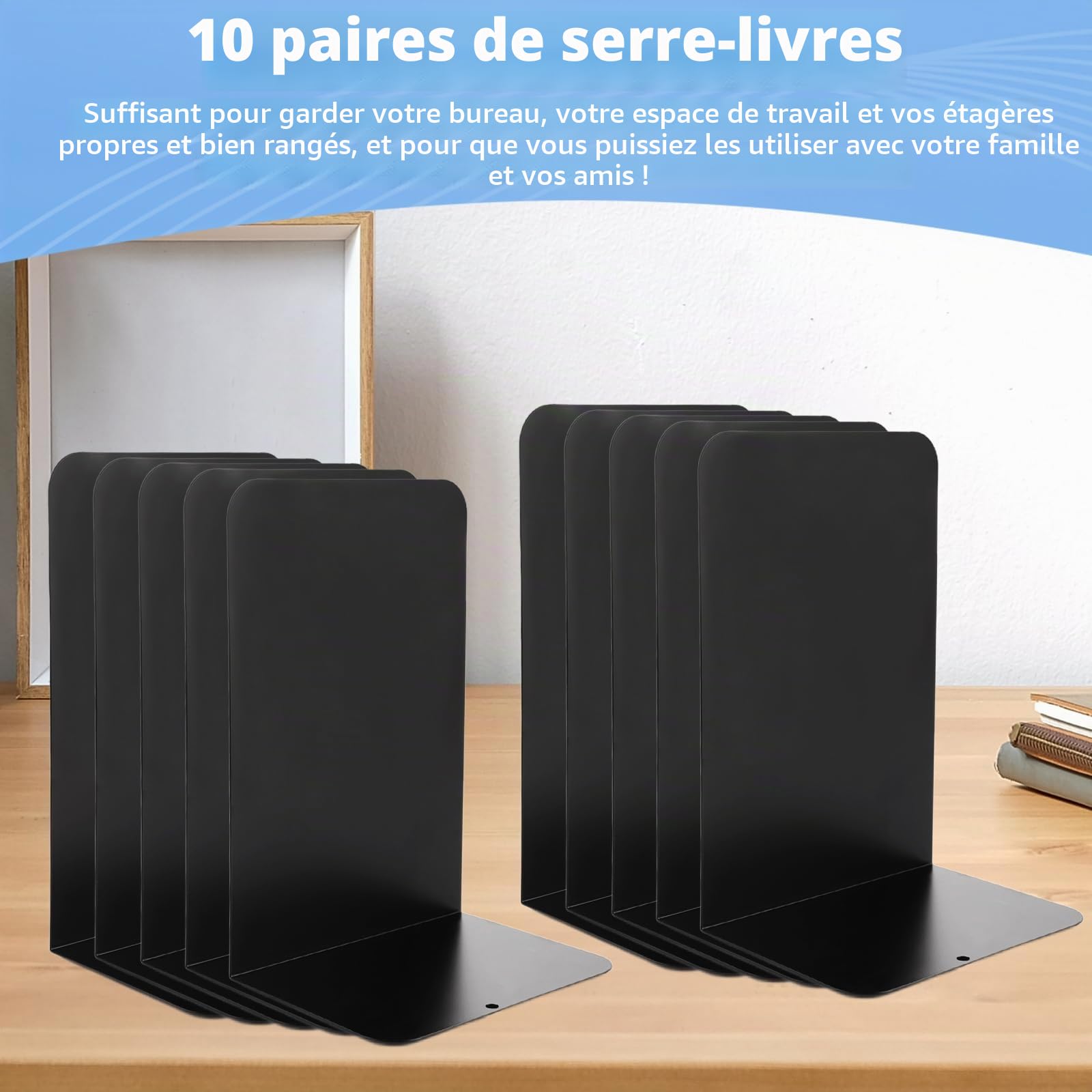 APACALI 20PCS Serre-Livres en Métal Antidérapant pour Étagères, Noir