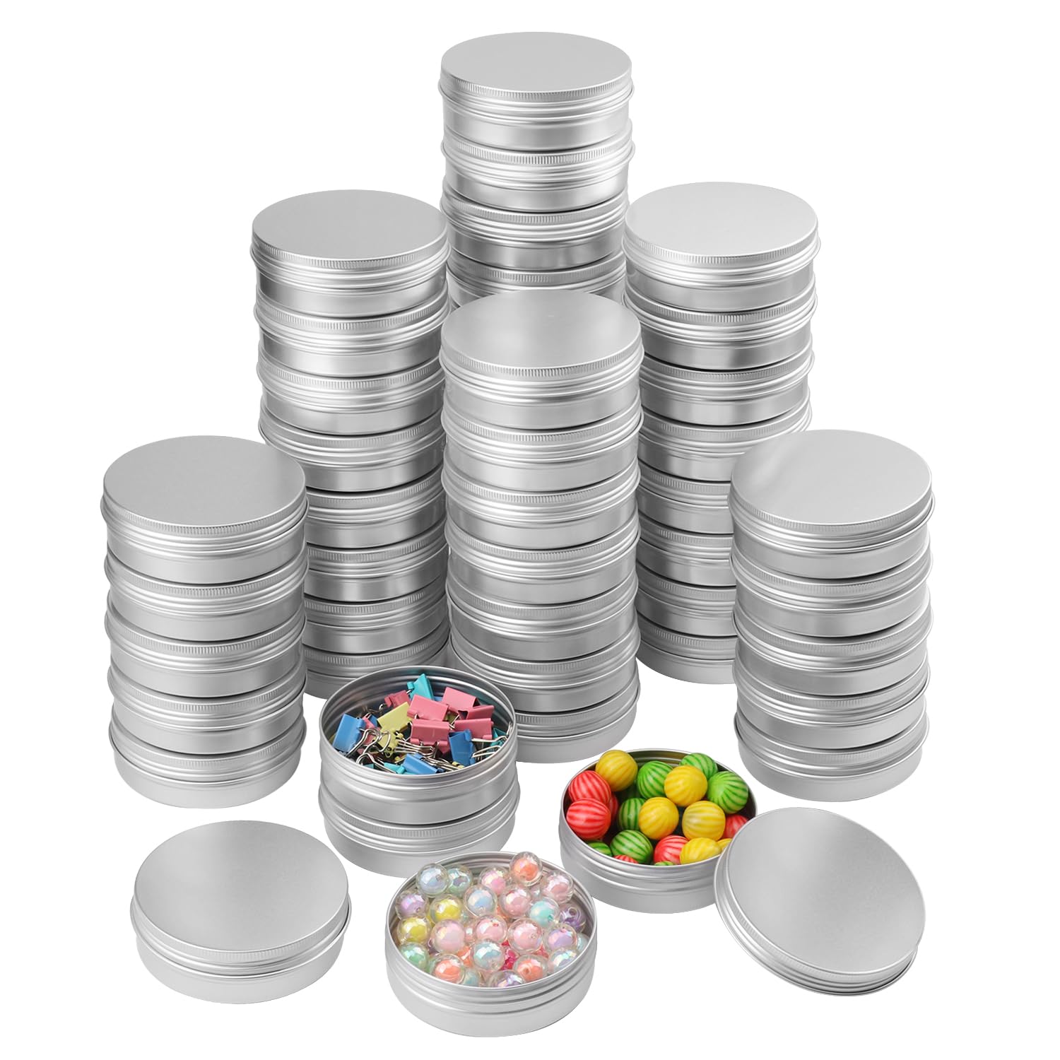 Biugaaufai 48 Pcs 4 Ounce Aluminum Tins with Screw Tops, Round metal tin with Screw Lids, 4 oz Round Cans with Lid for Cosmetics, Lip Balm, Spices,