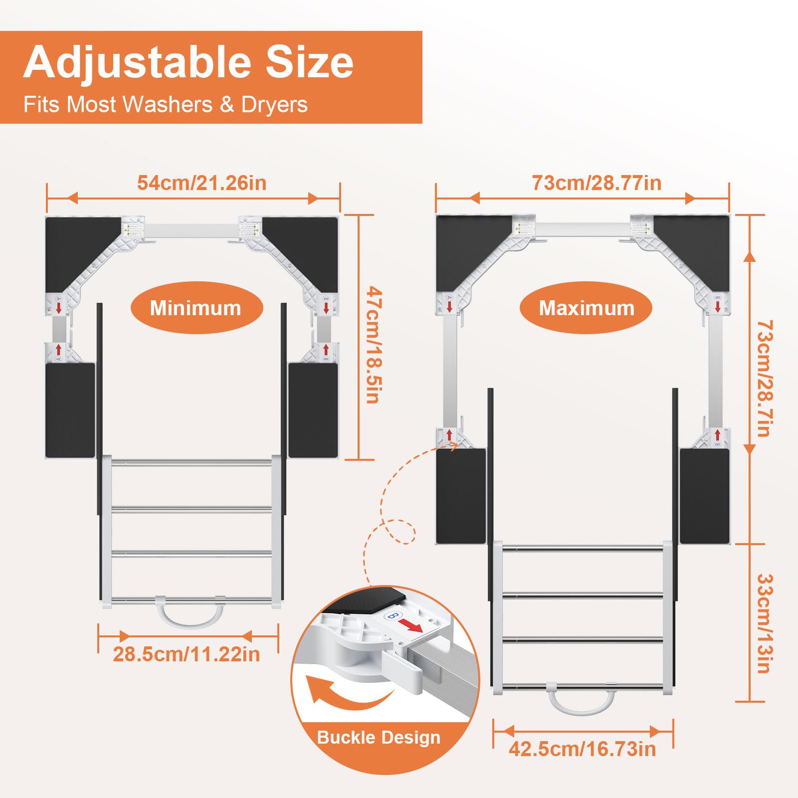 Kit universal de unión para lavadora y secadora con estante deslizante, kit universal de estanterías apiladas con trinquete y marco intermedio ajustable para lavadoras de 46-72 cm