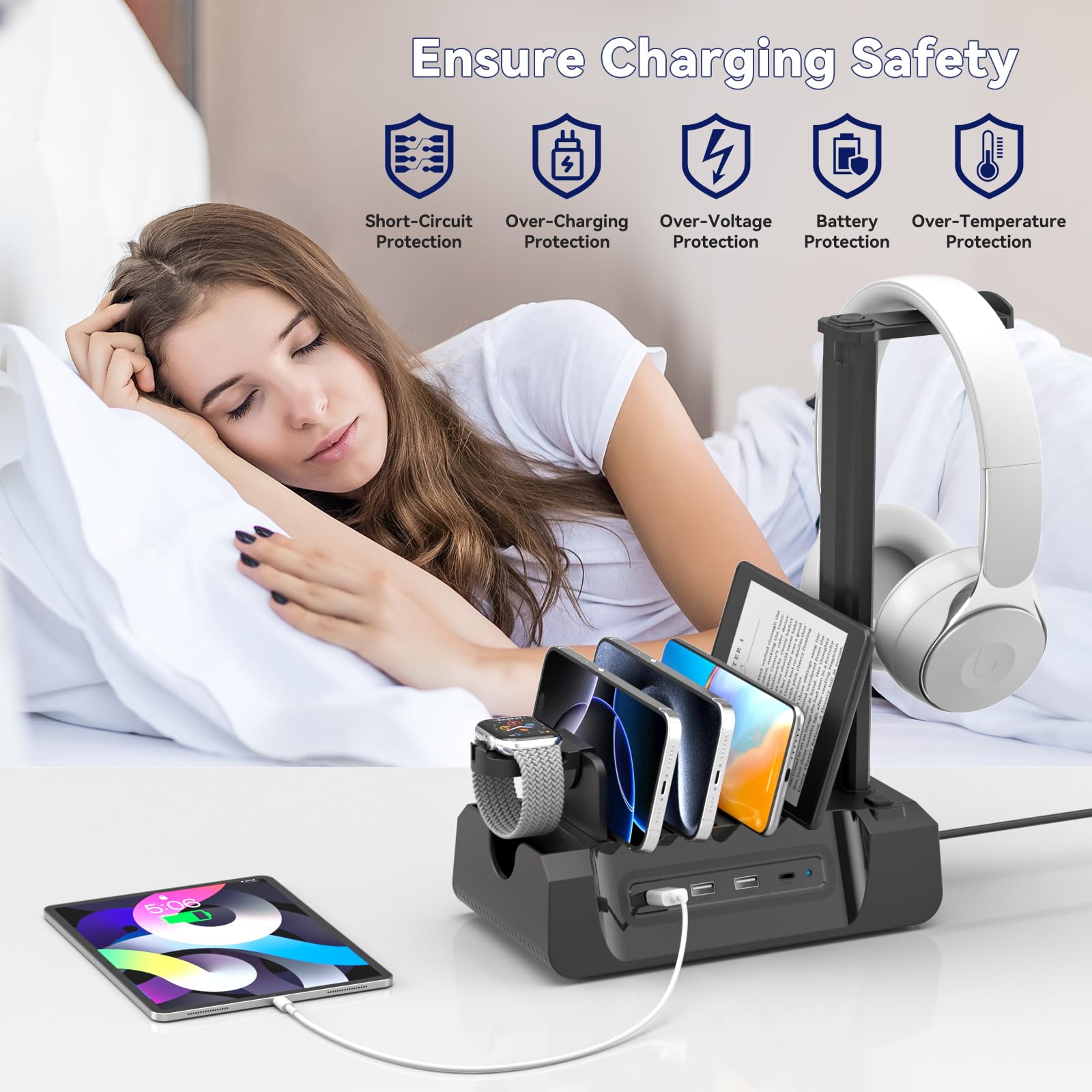 KDD Stazione di ricarica con 6 cavi di ricarica – Dock di ricarica rapida 6 in 1 per cellulare con supporto per cuffie e supporto per orologio, 2 AC e USB A e USB C, stazione di archiviazione per