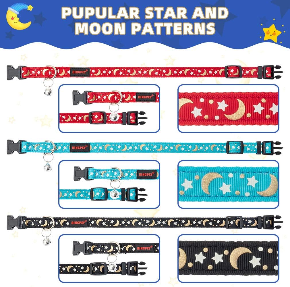 BINGPET Luminous Dog Collar with Bell 3 Pack - Adjustable Soft Pet Puppy Collar with Popular Star and Moon Patterns, Fit for Small and Medium Dogs, Glow in The Dark