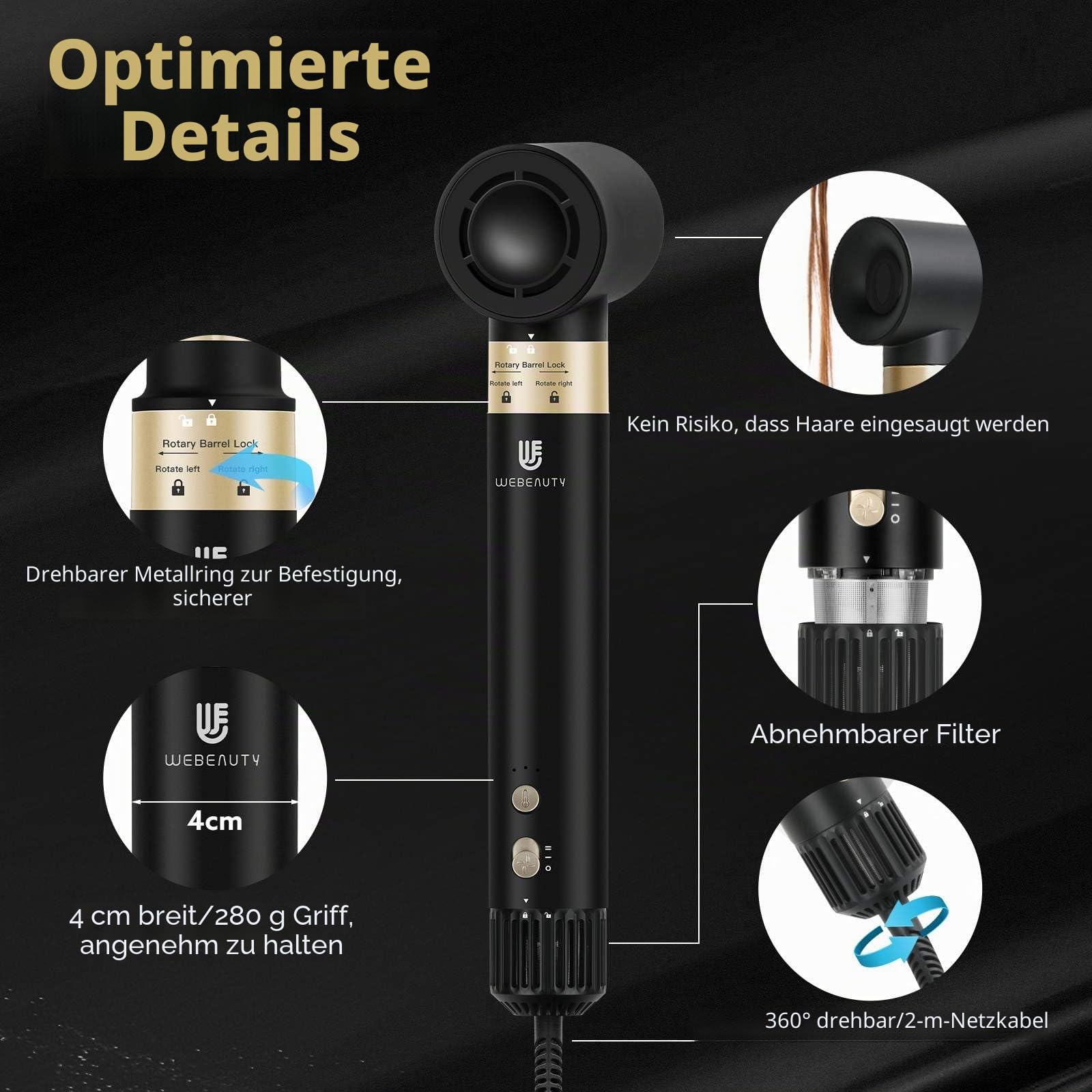 webeauty [Dual Voltage] 6in1 Airstyler Neues Upgrade,110,000U/Min, 30M/S, 500 Millionen Negative Ionen Hochgeschwindigkeit Haartrockner mit Föhnbürste, Rundbürsteföhn, Air Lockenstäbe, Schwarz (Grün)