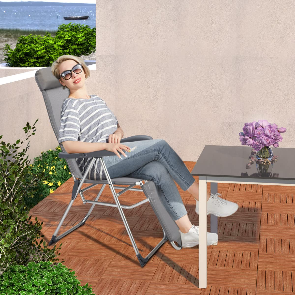 Set 2 Sedie Pieghevoli Da Giardino In Legno Di Acacia - Tessuto Ergonomico, Design Nordico - Foto 4