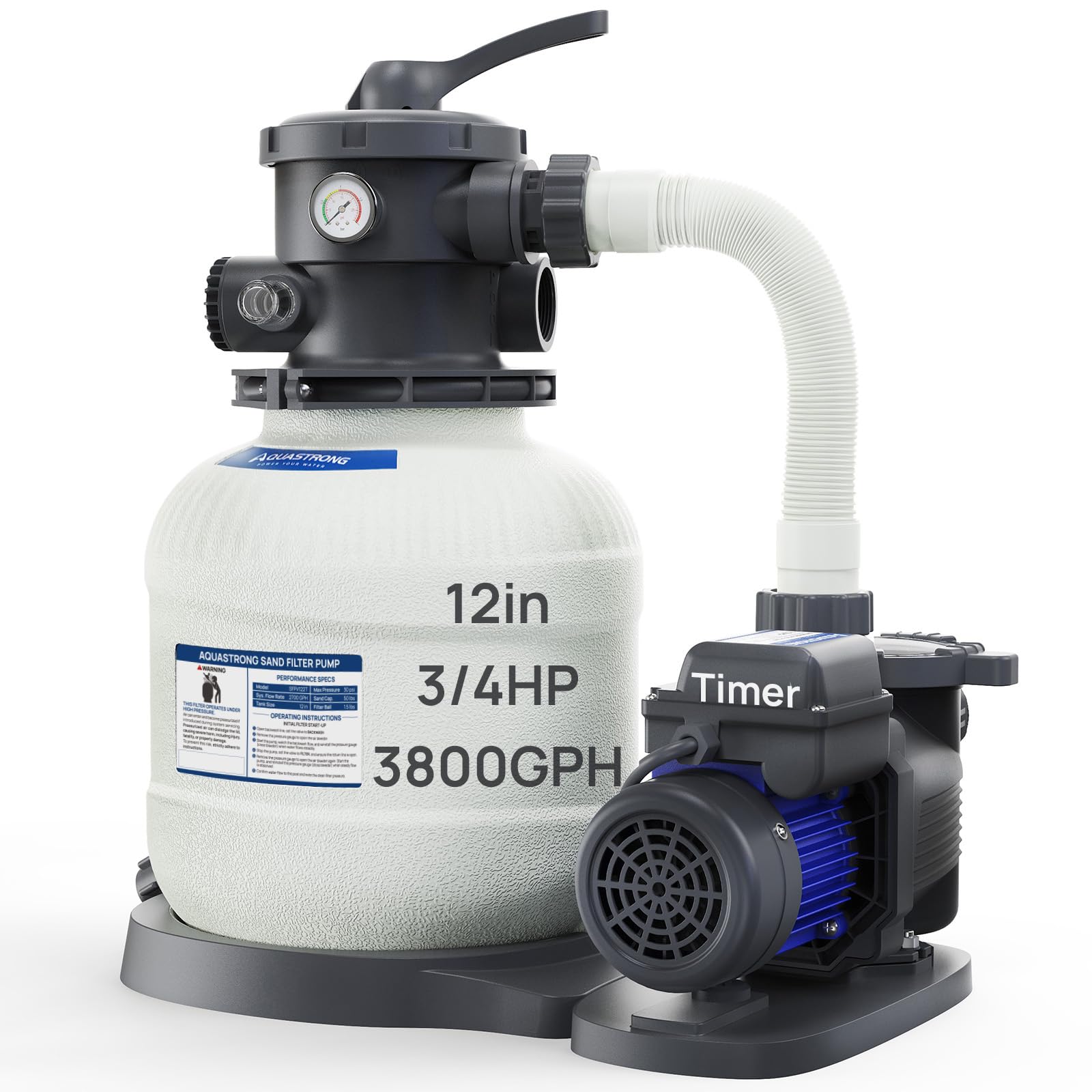 AQUASTRONG Pompa filtrante a sabbia per piscina fuori terra con timer, pompe per piscina da 3/4 HP fuori terra, 3800 GPH per piscine fino a 14000 GAL, filtro piscina da 30,5 cm con valvola a 6 vie