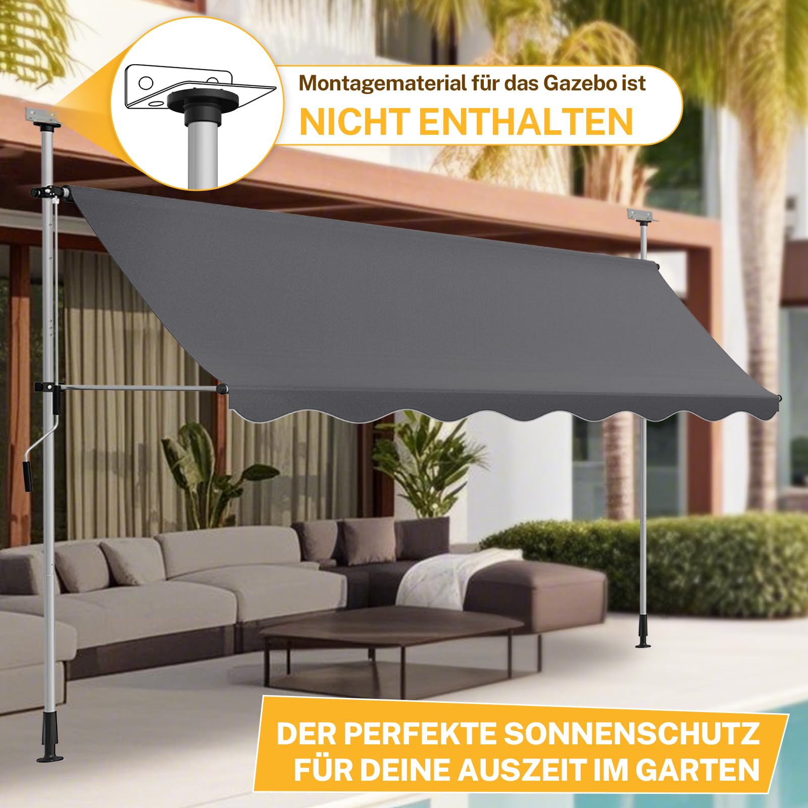 Klemmmarkise Sonnenschutz, Dein Flexibler Schattenspender, Markise Balkon ohne Bohren 300 cm Breit, Markise Balkon Höhenverstellbar & Winkelverstellbar & UV-beständig & Wetterfest (Anthrazit)