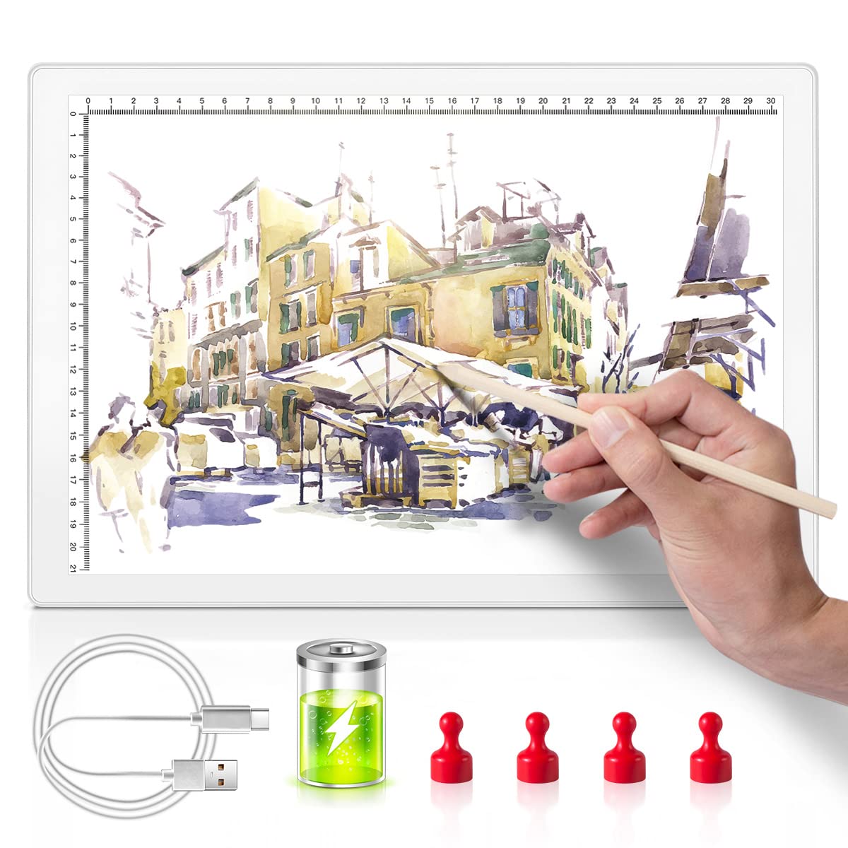 GIANTARM Tablette Lumineuse A4 Noir, avec batterie au lithium, connecteur de type C, panneau lumineux portable ultra-mince à luminosité réglable, pour dessin/croquis/animation/diamant peinture