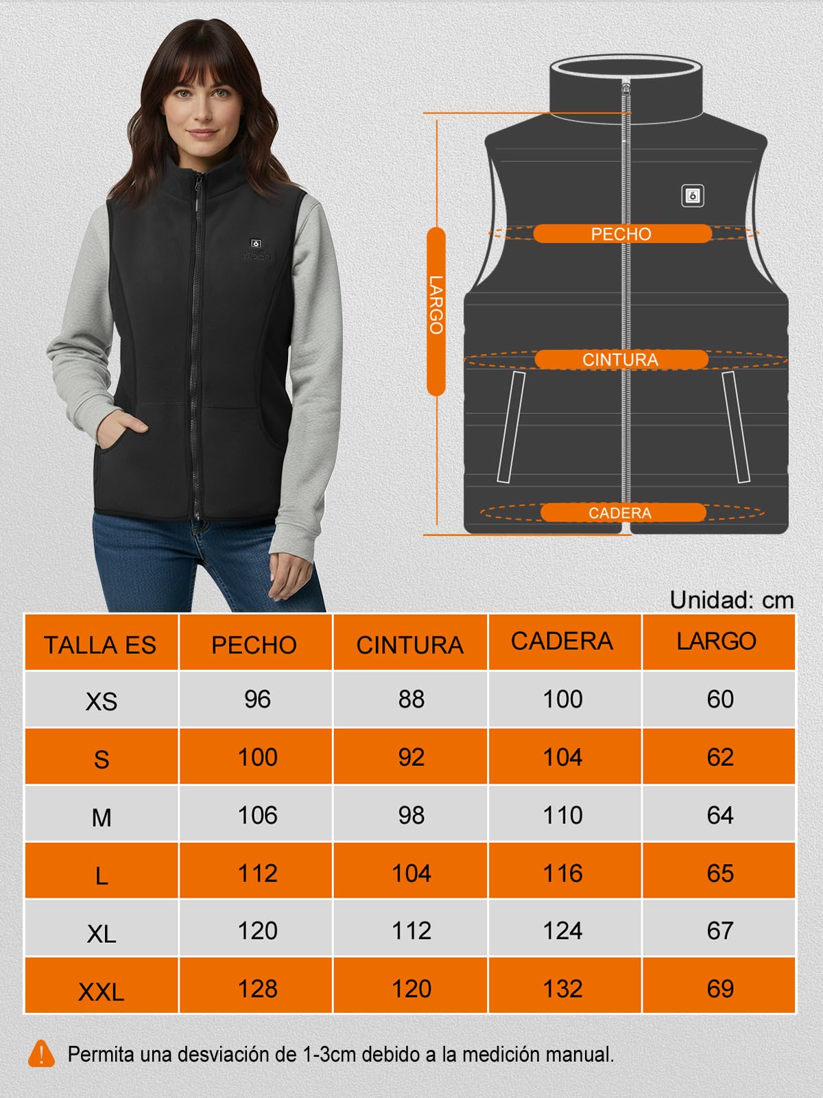 UNBON Chaleco Calefactable Mujer, Chaleco Calefactable Polar con Batería USB 10000mAh, Chaleco Térmico Eléctrico Calefactor con 3 Temperaturas 6 Zonas de Calefacción para Moto Caza Trabajo Negro S