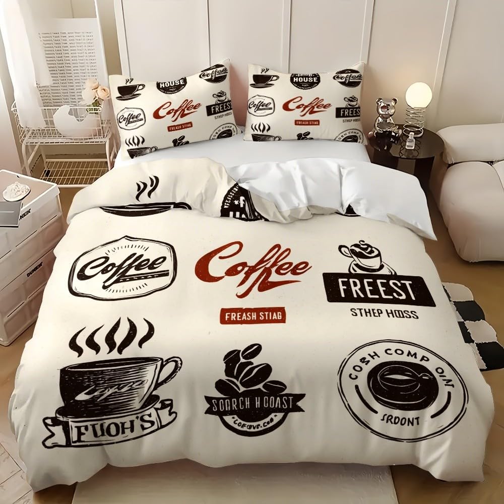 Housse de couette 90x190 cm motif café en microfibre beige avec 2 taies