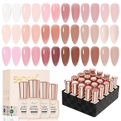 Miniatura 7 de Juego de esmaltes de uñas de gel rosa gelatina, 20 colores neutros, nude, rosa, transparente, con purpurina, blanco, kit de gel UV con gel base,