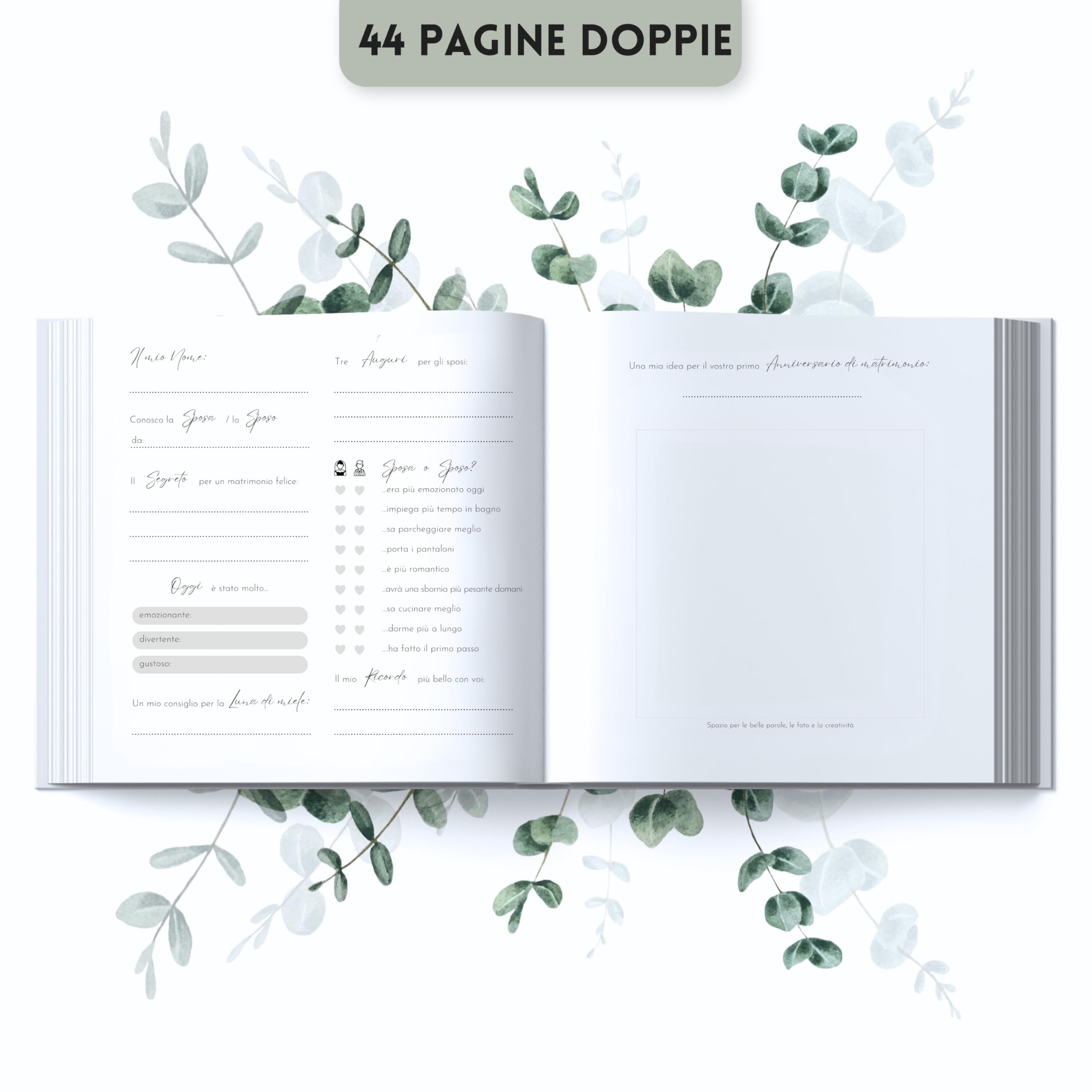 Milula Studios Libro Degli Ospiti Per Matrimonio Con Domande – Stile Bohémien, Oro E Eucalipto, 84 Pagine