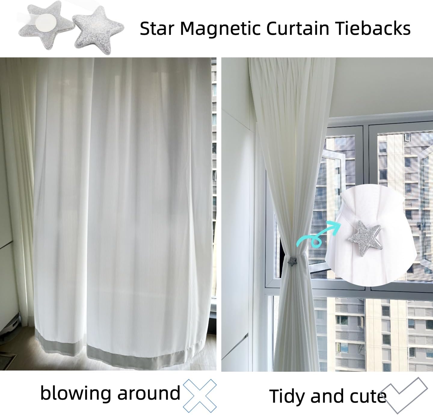 Silver Glitter Star Magnetic Curtain Tiebacks - No-Drill Decorative Curtain Holdbacks, Cute Star Strong Magnetic Tie Backs Home Living Room Bedroom Window Decor Accessory image 4