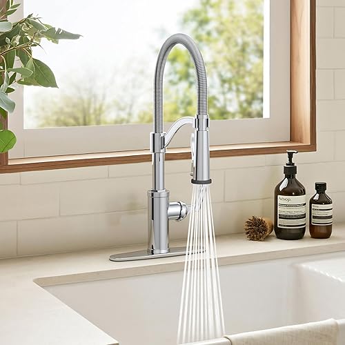 Miniatura 5 de Grifo de cocina con pulverizador, grifo de fregadero de cocina de un solo orificio con panel de 3 agujeros, grifo de cromo pulido para bares,