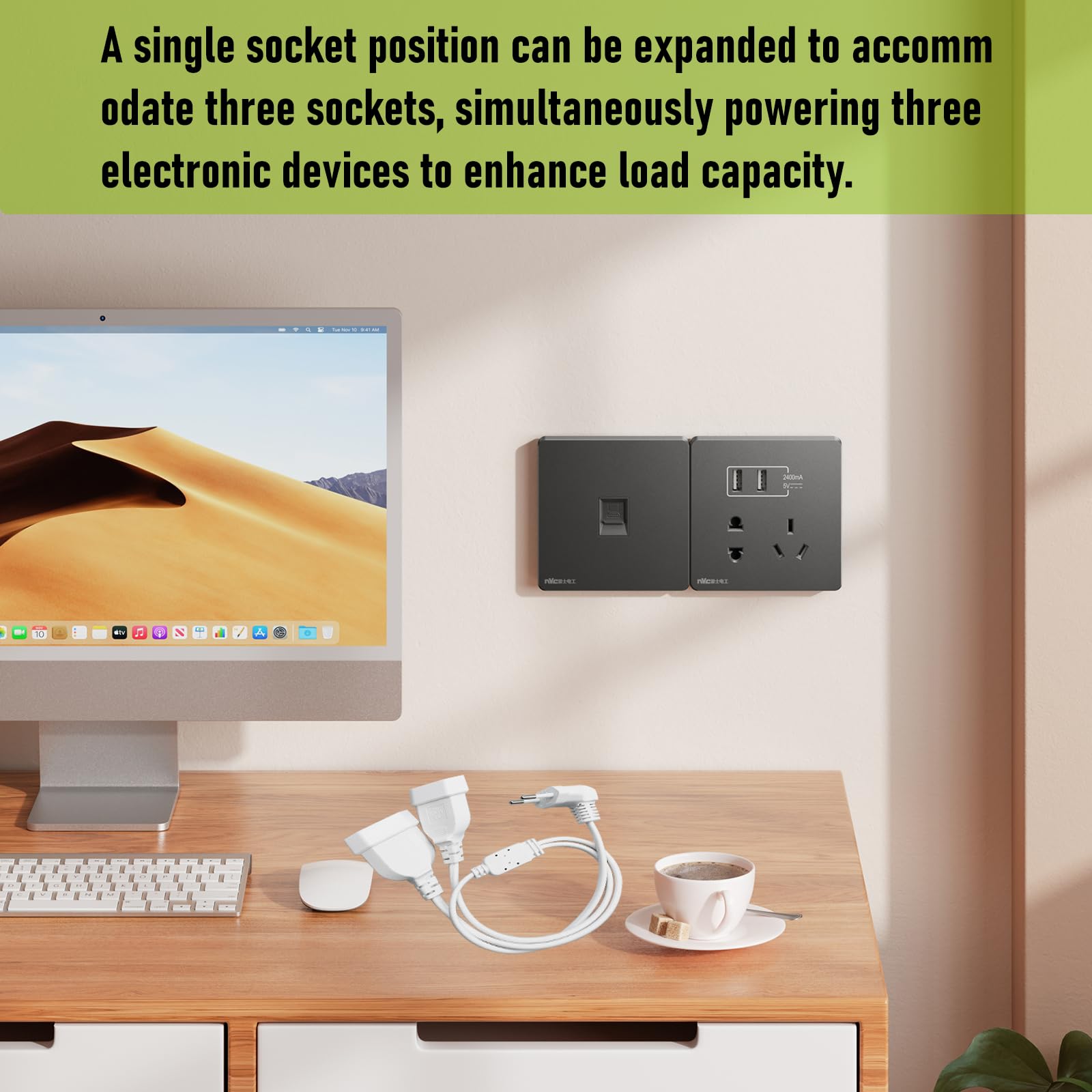 Przedłużacz z kątowymi 90° wtyczkami Euro, 2 w 1, przewód płaski i cienki, biały, 2.5A/250V, do TV, PC, komputera, monitora