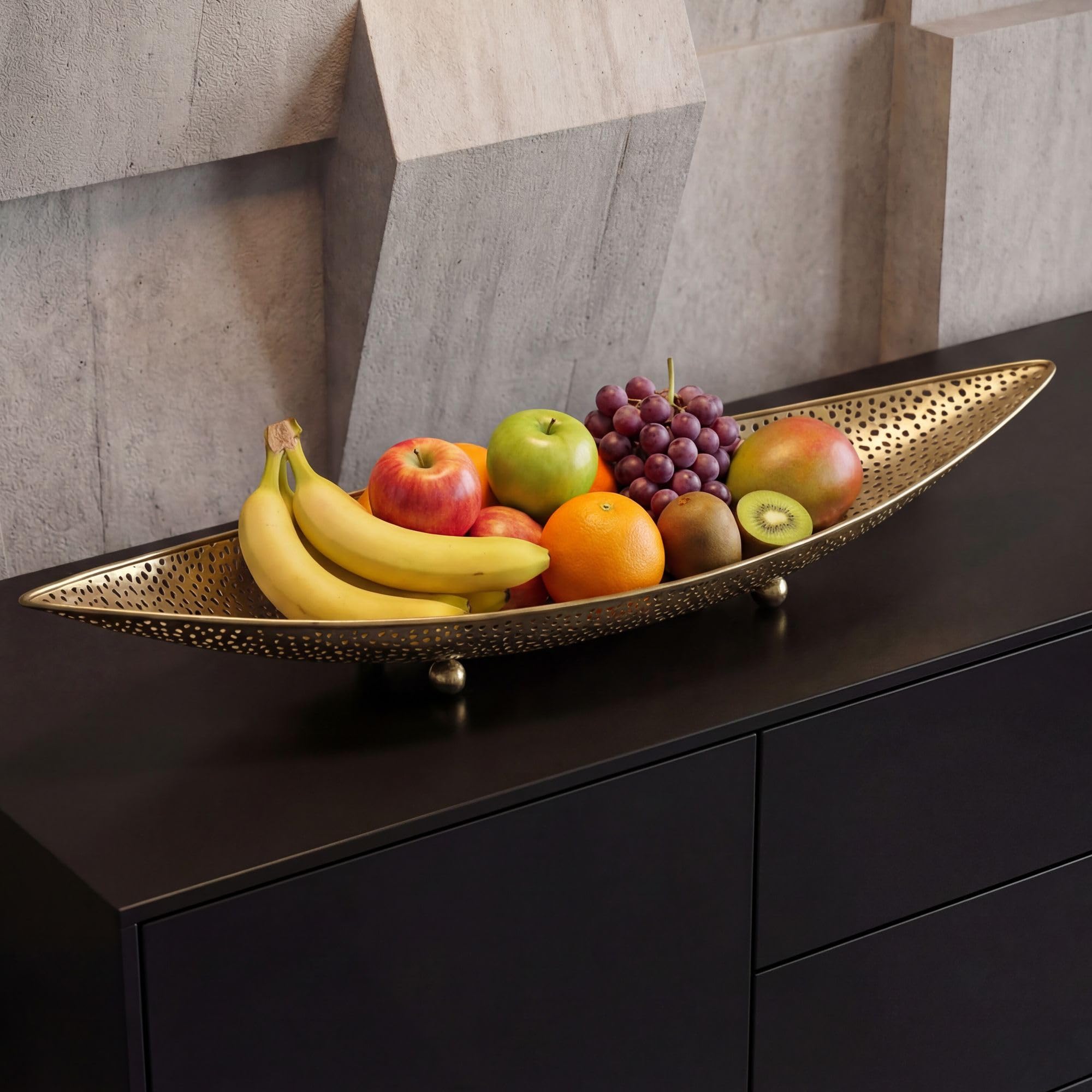 FineBuy Misa na owoce 60 x 16 x 9 cm Aluminium Złota Ręcznie robiona | długi kosz na owoce w kształcie łodzi, ręcznie robiony metalowy kosz na owoce, ażurowa misa na kredens, dekoracja stołu do ku