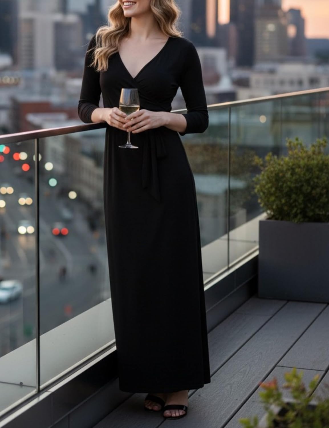 Aphratti Women's Maxi Dress with Sleeves - Faux Wrap Soft Stretchy Flowy Long Dress for Everyday Casual Outfits