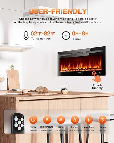 Miniatura 3 de Chimenea eléctrica de 36 pulgadas, calentador eléctrico de llama realista, juego de troncosllamas de cristal de 750-1500 W con insertos de