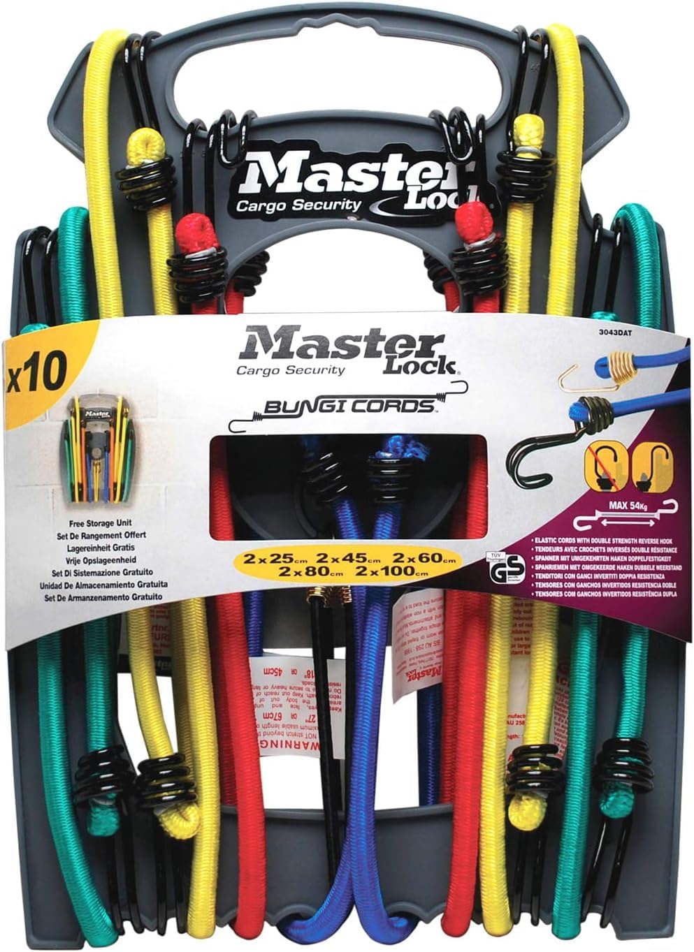 Stanley CHARIOT PLIABLE 2 EN 1, NOIR/JAUNE, Ajustable & Master Lock 3043EURDAT Tendeurs avec Crochets [Pack de 10 Elastiques] [2 * 25 cm + 2 * 45 cm + 2 * 60 cm + 2 * 80 cm + 2 * 100 cm]