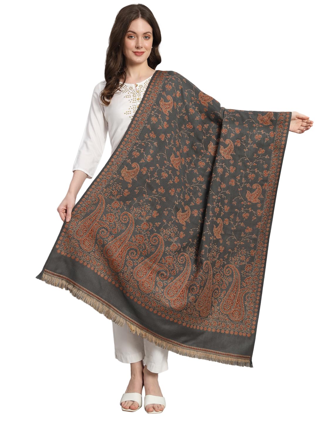 Ravaiyaa - Attitude is everything Women's Casual Wool Shawl Authetic Kashmiri Jamawar design, Luxury Pashmina Stole 40 inch*80 inch (Grey)-image-6