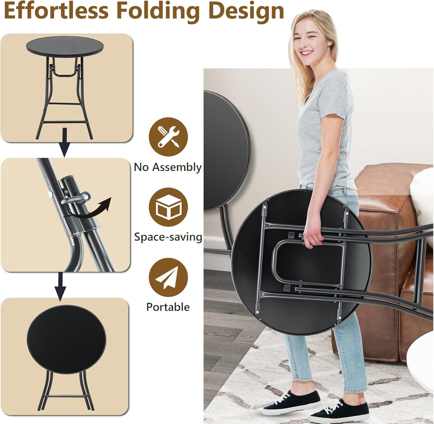 TORIOX Folding Table, Side Table, Balcony Table, Camping Table, Garden Table, Bistro with Metal Frame, Round Top Made of Tempered Glass 2