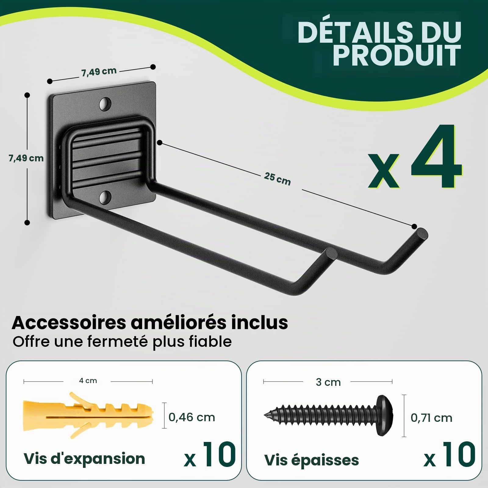 Crochets de rangement de garage – Support mural pour outils de jardin, organisateur d'abri de jardin pour accrocher des outils, lot de 4 crochets robustes pour pelles, râteaux, balais