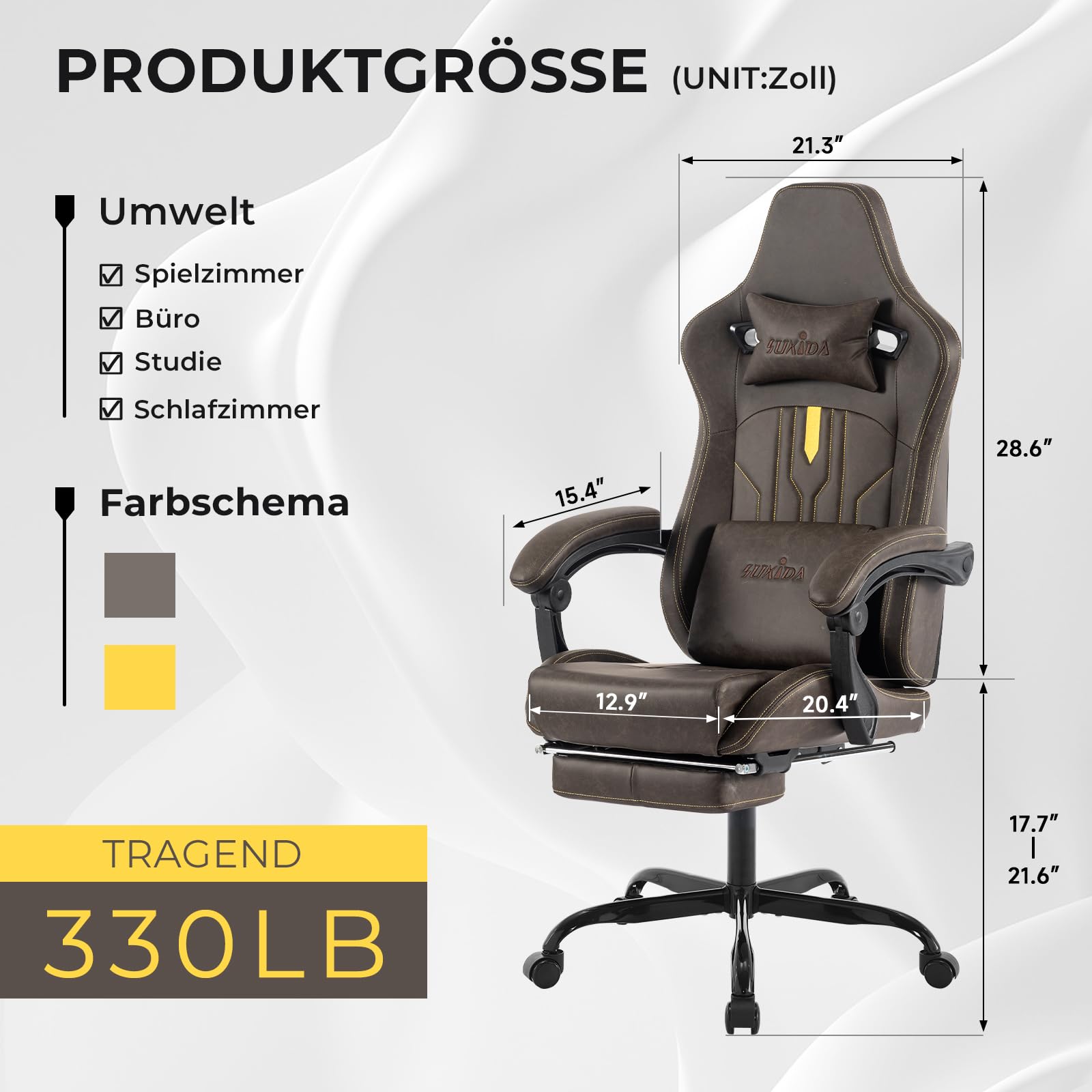SUKIDA Silla de ordenador ergonómica para videojuegos con reposapiés, silla de oficina, silla ergonómica para ordenador con soporte lumbar, marrón