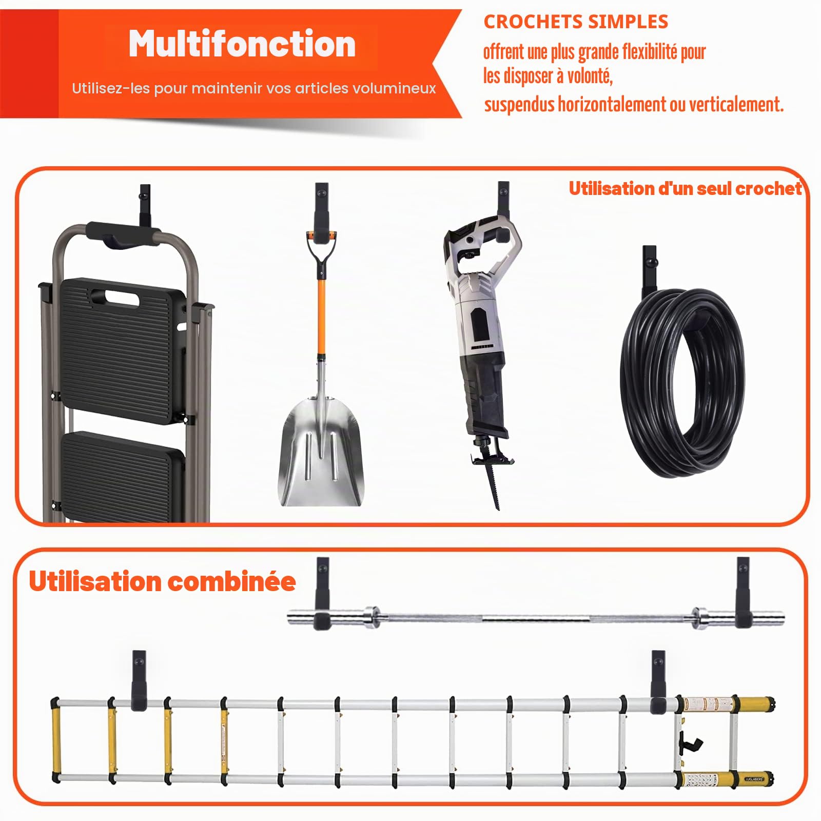8 crochets de rangement atelier garage, crochet mural garage, Porte Outils de Jardin Mural, J Crochets Universels Noirs à Visser, Supports de Montage Muraux Robustes（10cm, 40kg）