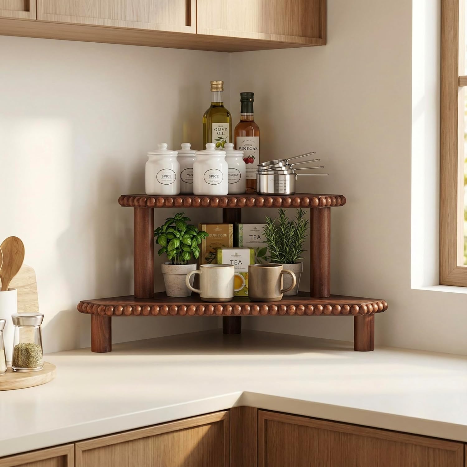 2-Tier Rustic Corner Shelf for Kitchen Counter,Wood Beaded Farmhouse Countertop Organizer with Removable Feet, Stackable Bathroom Vanity & Coffee Bar Decorative Riser Stand(Rustic Walnut)