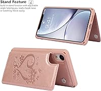 Vista 6 de iCoverCase Funda compatible con iPhone XR con tarjetero para mujer, con bloqueo RFID en relieve, de piel sintética, con correa de muñeca