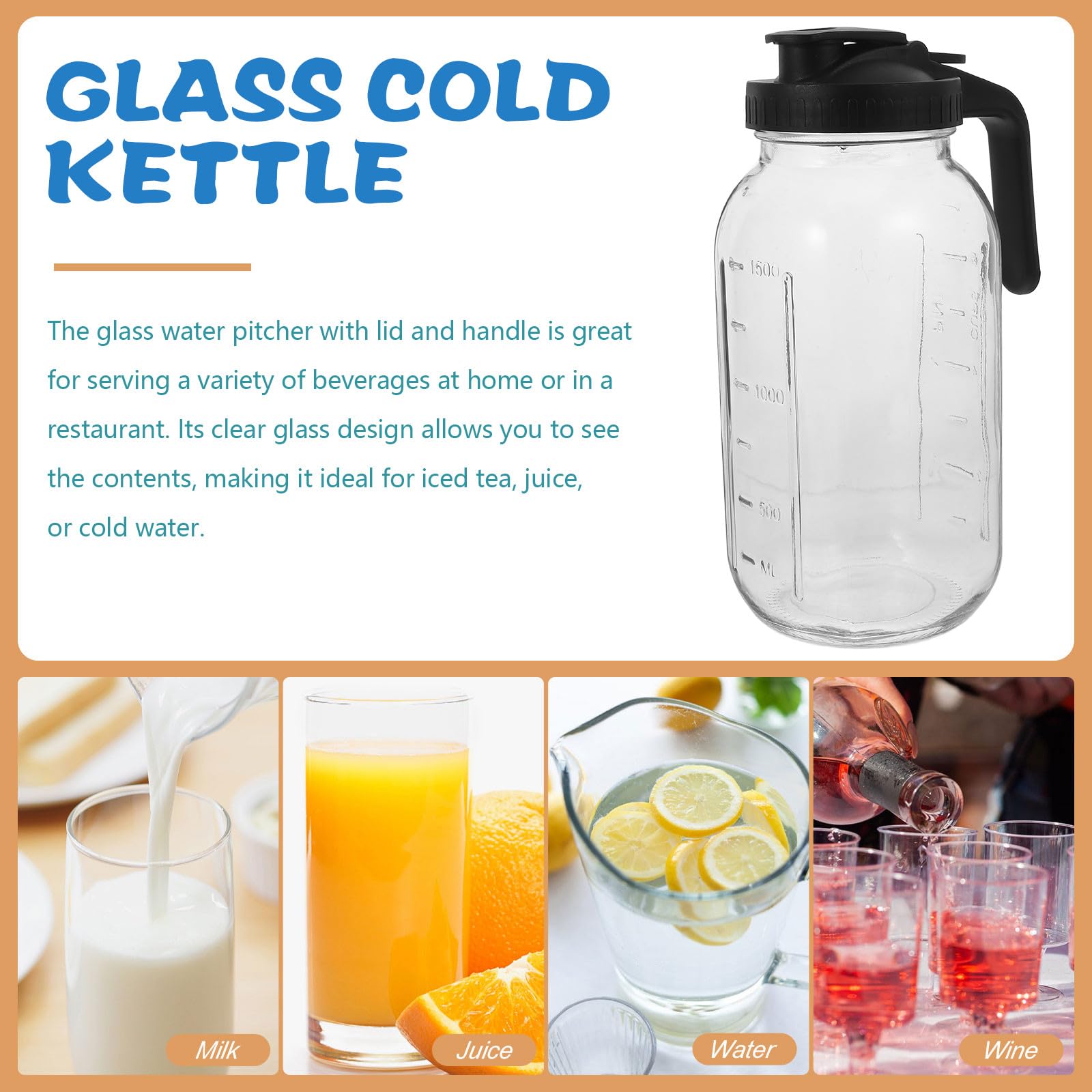 VALICLUD Jarra de Vidrio Transparente con Tapa y Asa Conveniente de 64 Oz, Jarra de Agua Fría con Gran Capacidad para Refrigerador y Restaurante