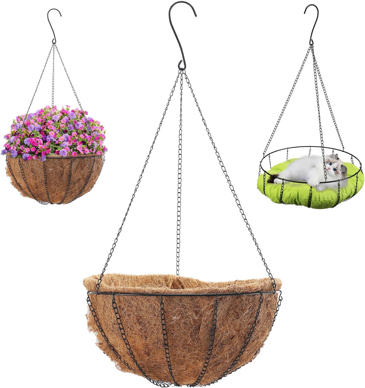 14 Inch Metal Hanging Planter Basket with Coconut Coir Liner, Round Metal Hanging Planter Basket with 100% Natural Coconut Coir Liner for Hanging Baskets, Garden Planter Pot,Window Box
