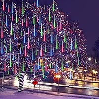Vista 12 de Luces de Navidad al aire libre de lluvia de meteoritos de 12 pulgadas, 8 tubos, 192 luces LED de carámbano de nieve en cascada para árbol de Blanco