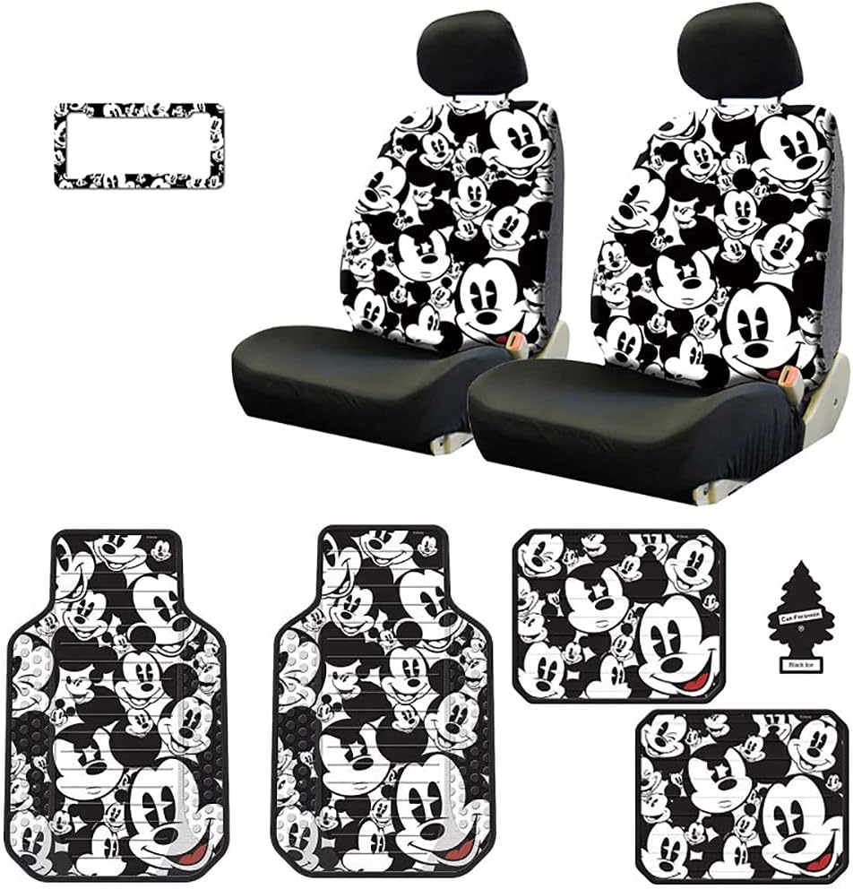 8 Pieces Bundle Disney Mickey Mouse Design Low Back Car Seat Covers Heavy Duty Floor Mats Accessories Bundle Set