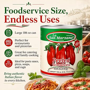 La San Marzano - Peeled Plum Tomato Puree with Basil, 106 oz | Large Can, Premium Quality Fresh Peeled Plum Tomatoes in Puree with Basil Leaf, Low Acidity, Non GMO, Product of Italy
