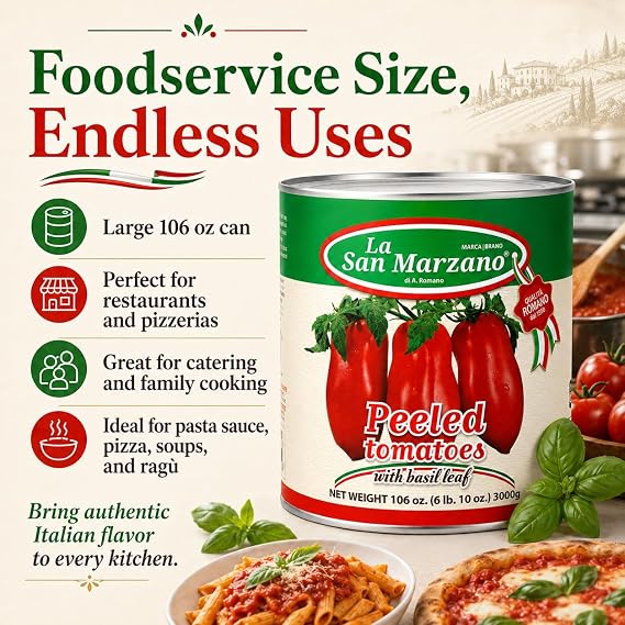 La San Marzano - Peeled Plum Tomato Puree with Basil, 106 oz | Large Can, Premium Quality Fresh Peeled Plum Tomatoes in Puree with Basil Leaf, Low Acidity, Non GMO, Product of Italy
