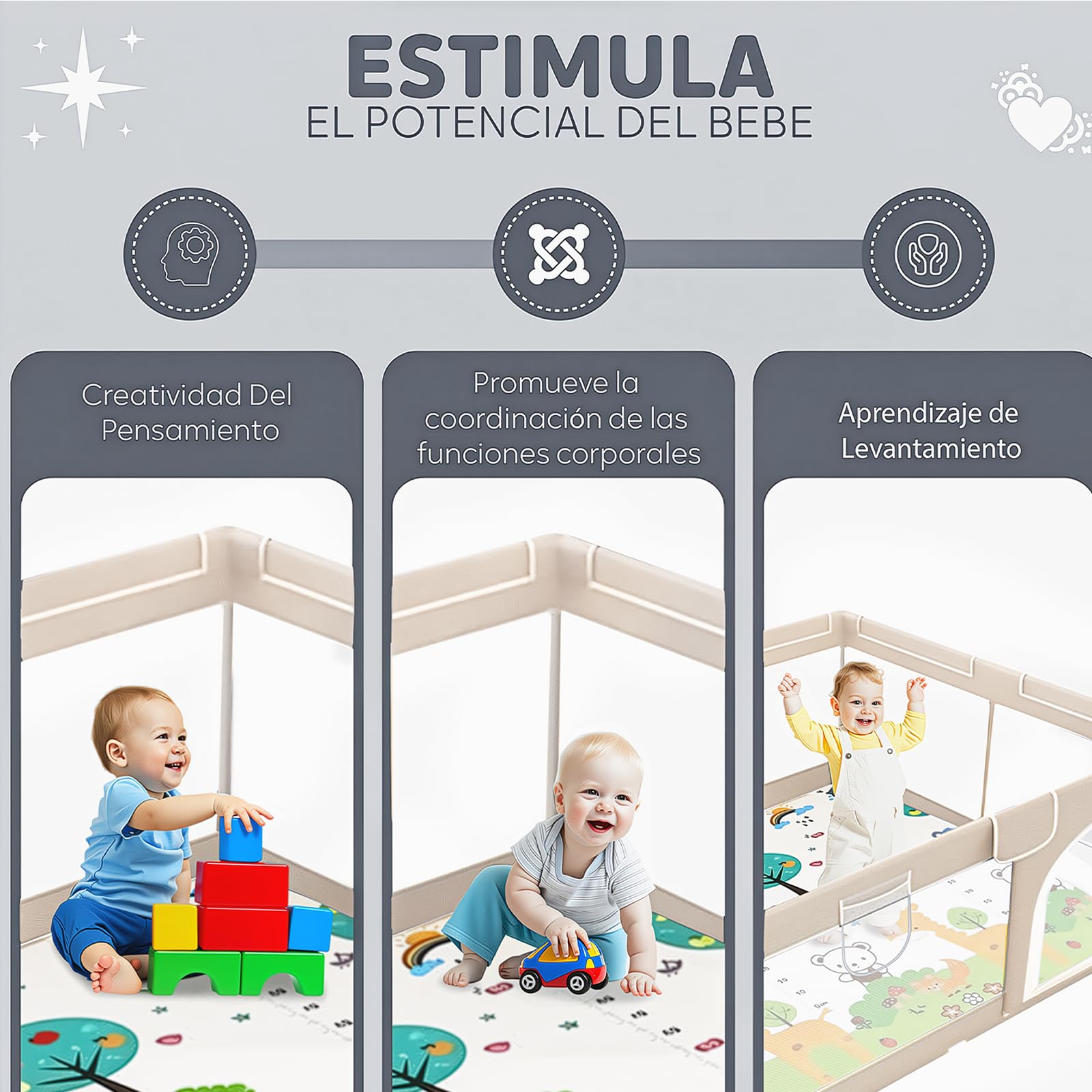 EveryKip® Plac zabaw dla dzieci beżowy 120x120 cm + mata podłogowa + pierścienie + torba do przenoszenia kojec dla dzieci składany oddychający materiał siatkowy dla niemowląt (beżowy)