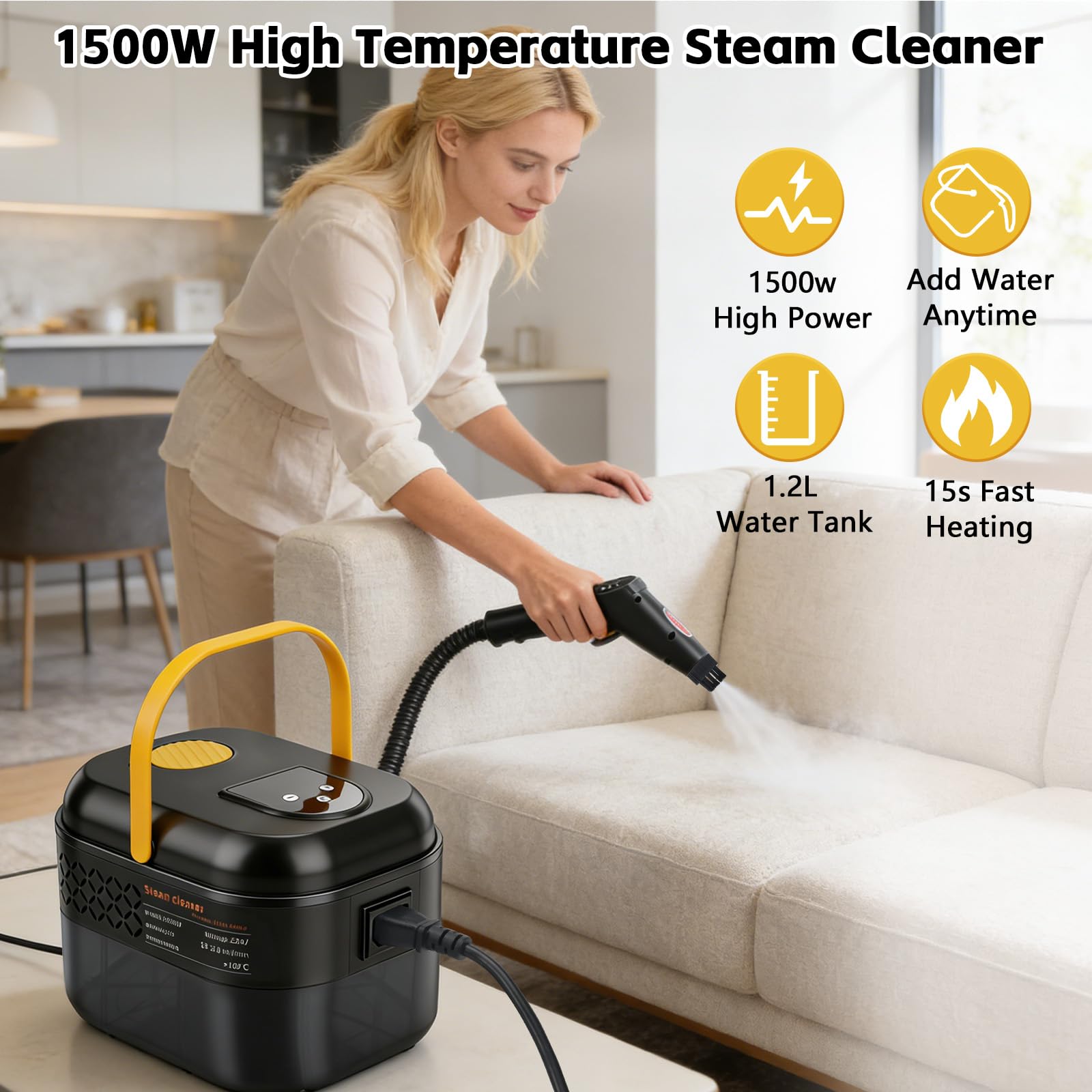 Nettoyeur Vapeur, Nettoyeur Vapeur Portable 1500 W, Nettoyant Vapeur Haute Pression avec réservoir d'eau de 1200 ml, 3 Têtes de Brosse, 6 vitesses réglables, Pour Cuisine, Sols, La Voiture, Fenêtre