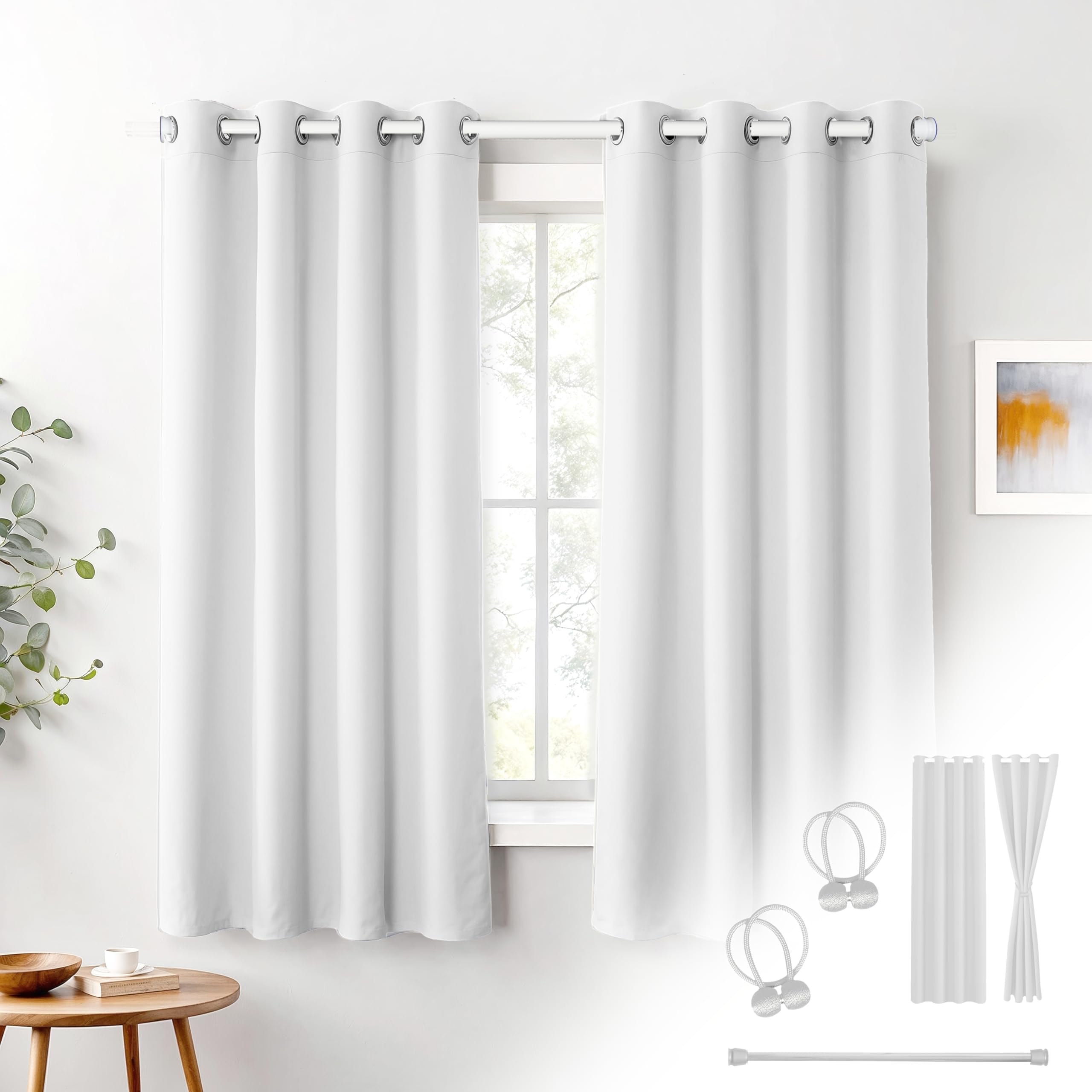 Cozyor Praktisches Set ohne Bohren: 2X Vorhang + 1x Klemmstange 70-120 cm + 2X Raffhalter mit Magnet Blickdicht, als Raumteiler, Fenster & Tür Weiß Thermovorhang 160x135cm