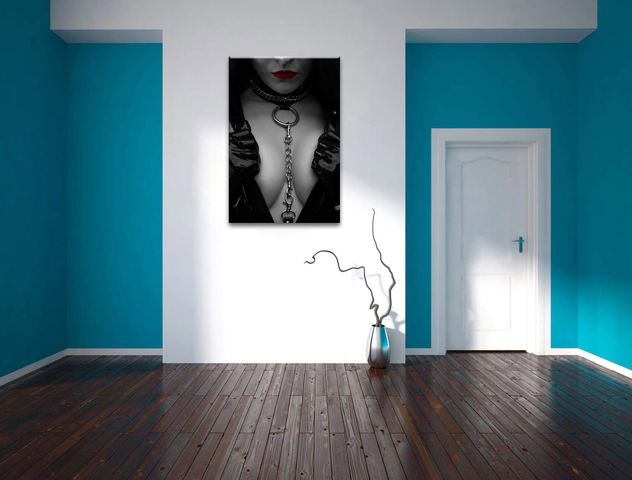 Pixxprint Strenge Domina rote Lippen mit Halsband, Größe: 120x80cm, Leinwandbild, fertig gespannt, Wandbild, Dekoration, Kunstdruck, kein Poster