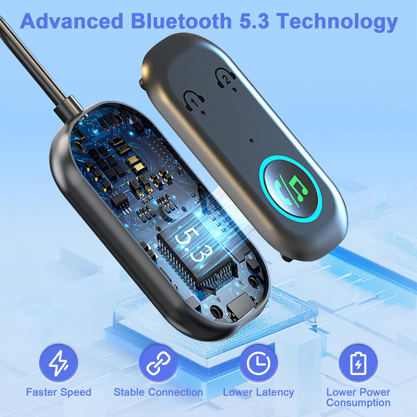 Trasmettitore Bluetooth 5.3, Adattatore Bluetooth 2-in-1, Adattatore Cuffie Aereo Supporta 2 Auricolare, 3.5 mm AUX Jack Trasmettitore per TV, Telefono Mobile, Car Audio Systems, Palestra