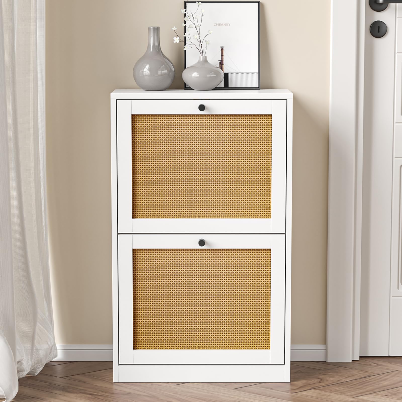 Skokliz White Rattan Shoe Cabinet, Wooden Shoe Rack with 2 Flip Drawers, Freestanding Narrow Shoe Organiser 2-Tier Shoe Storage Cabinet for Hallway Entryway Bedroom