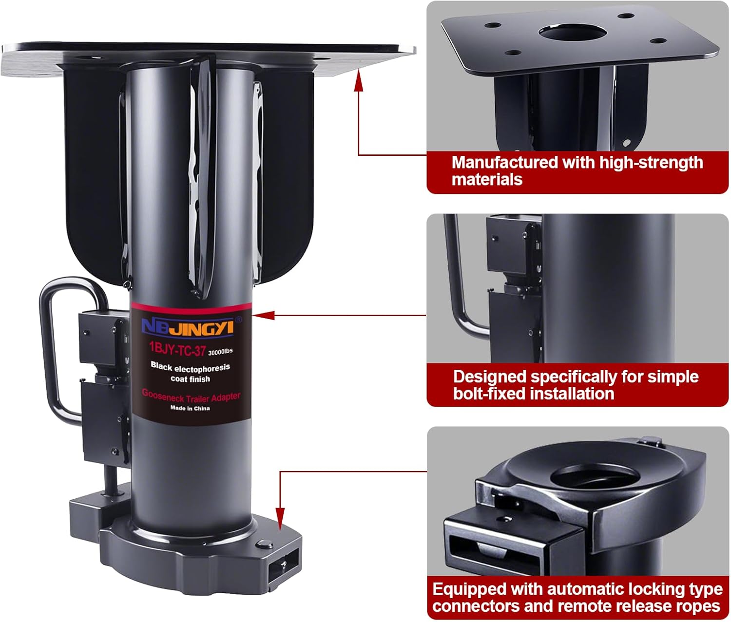 NBJINGYI 5th Wheel to Gooseneck Trailer Adapter - 15" Length, 20,000 lbs Capacity, Remote Release Cable for RV and Horse Trailers