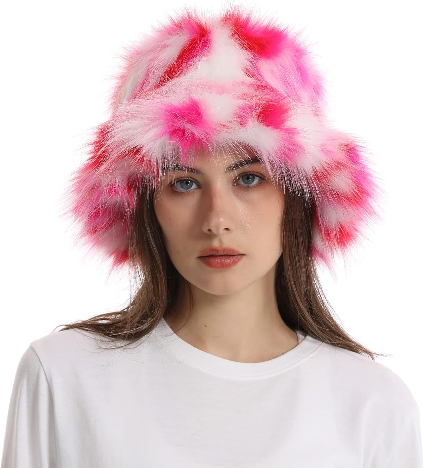 Fuzzy Bucket Hat for Women Winter Fluffy Furry Plush Faux Fur Hats Rainbow Cute Women's Bucket Hats