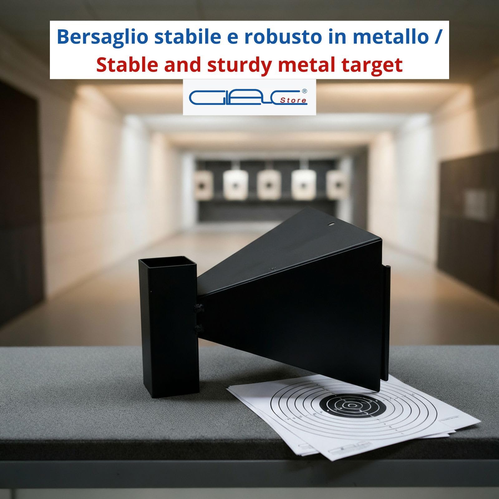 Bersaglio Raccogli Proiettili Pallini in Metallo Target 14 x14 cm Conico per Pistole Fucile Aria Compressa Gas + 5 Target in Cartoncino Quadrato e Porta Pallini Incluso