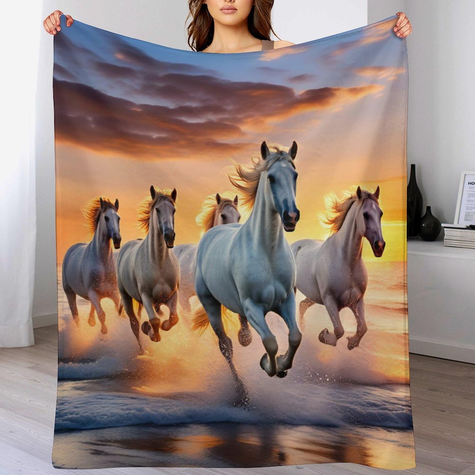 Couverture flanelle chaude motif cheval 130x180cm facile à laver