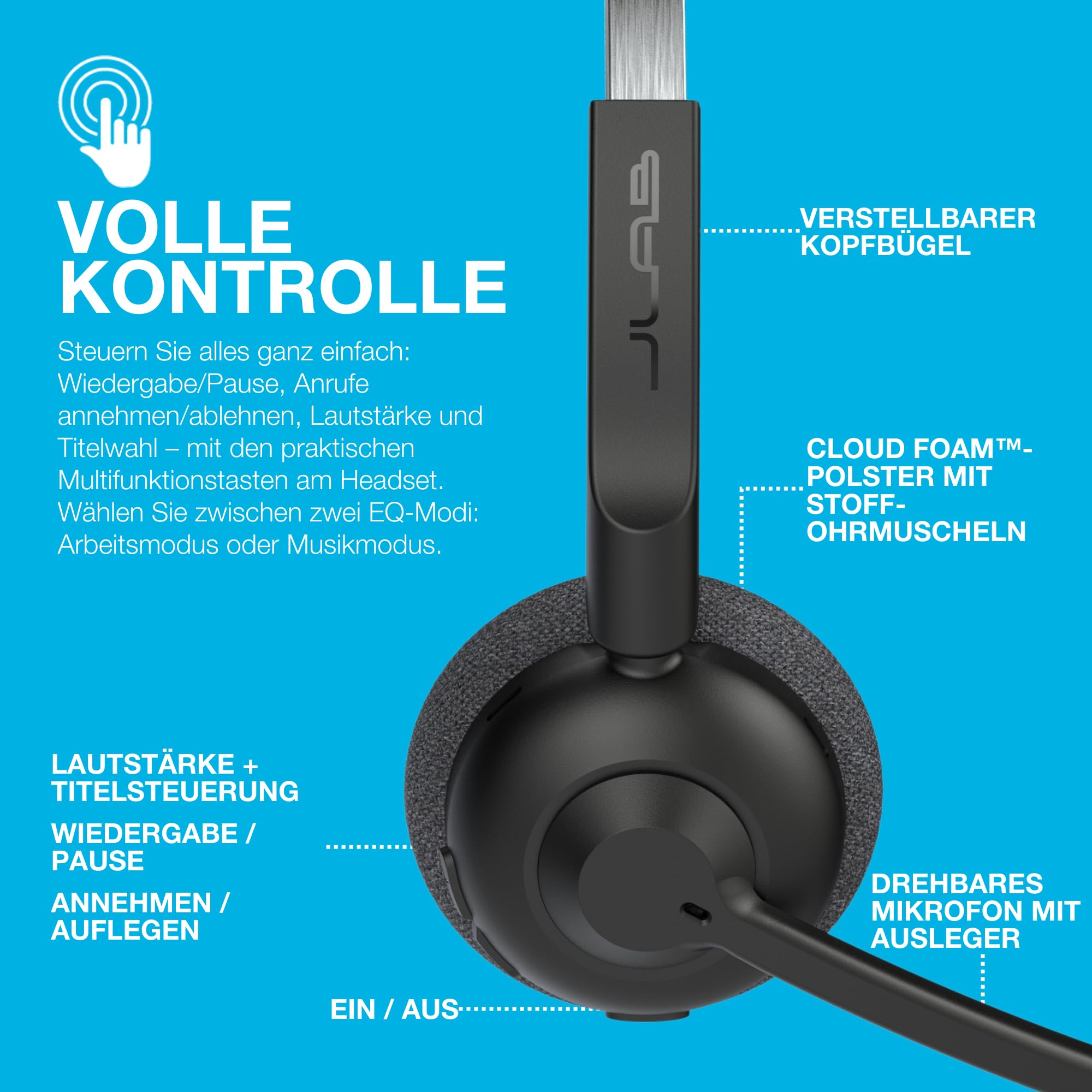 JLab Go Work Pop Wireless Headset mit Mikrofon - Bluetooth On Ear, Schwarz
