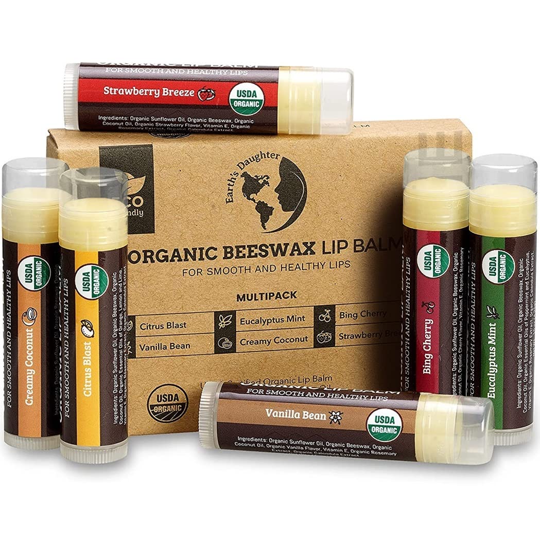 Earth's Daughter USDA Organic Lip Balm 6-Pack - Fruit Flavors, Beeswax, Coconut Oil, Vitamin E - Best Lip Repair Chapstick for Dry Cracked Lips - Moisturizing Lip Care