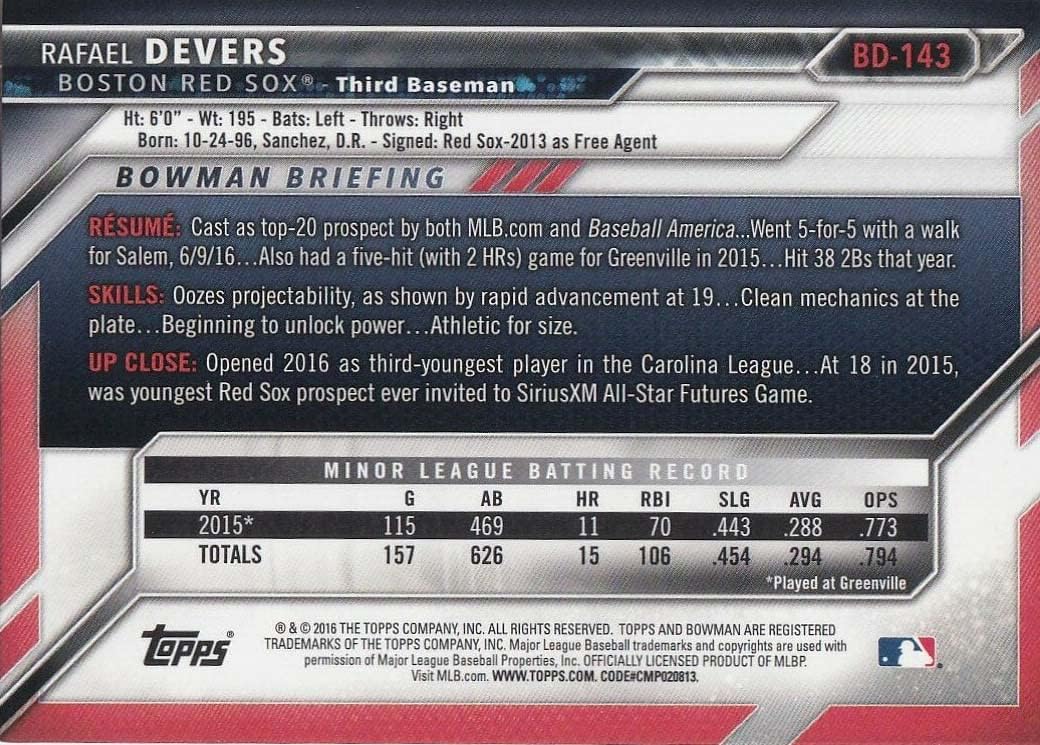 2016 Bowman Draft Baseball 200 Card Set Featuring Rafael Devers, Pete Alonso and Bo Bichette PLUS