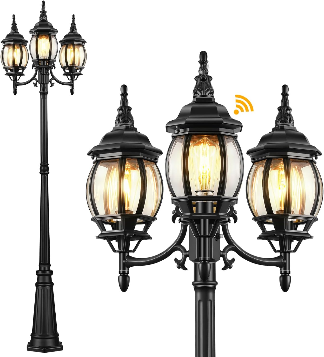 VIANIS Lamp Posts Outdoor Lighting, 3-Head Lights for Outside with Waterproof Aluminum Body, Dusk To Dawn Sensor Street Light With Tempered Glass Panels For Backyard, Garden, Christmas Lights Driveway