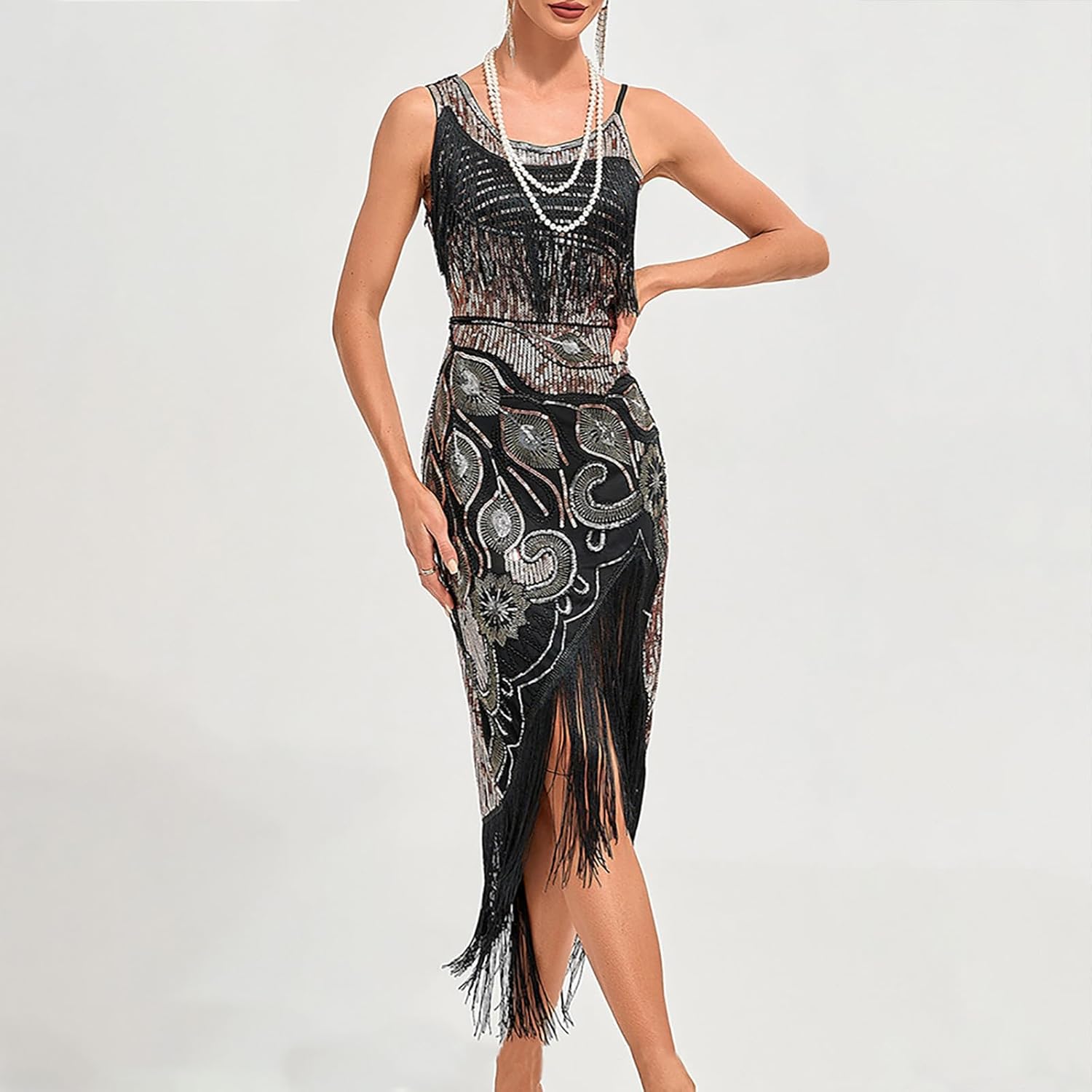 Women's Flapper Dress Paisley Sequin Beaded Fringed 1920s Style Dress Vintage Gatsby Dress Prom Evening Dresses