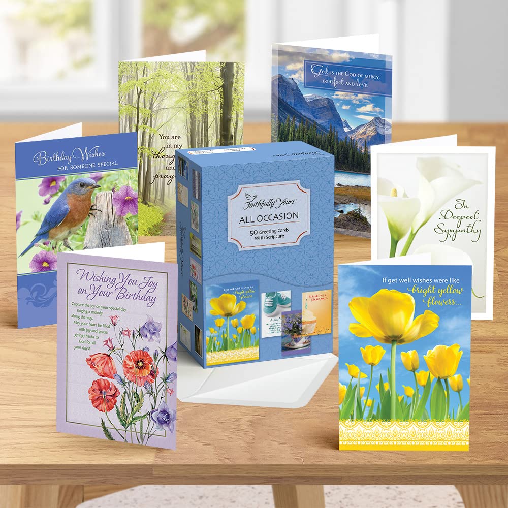 Condition photo showing Good Condition for Faithfully Yours Designer Greetings Inspirational Boxed Card Assortment, “Of Good Courage” with Biblical Scripture Verses (Box of 50 Greeting Cards with Envelopes) – Perfect for any Occasion